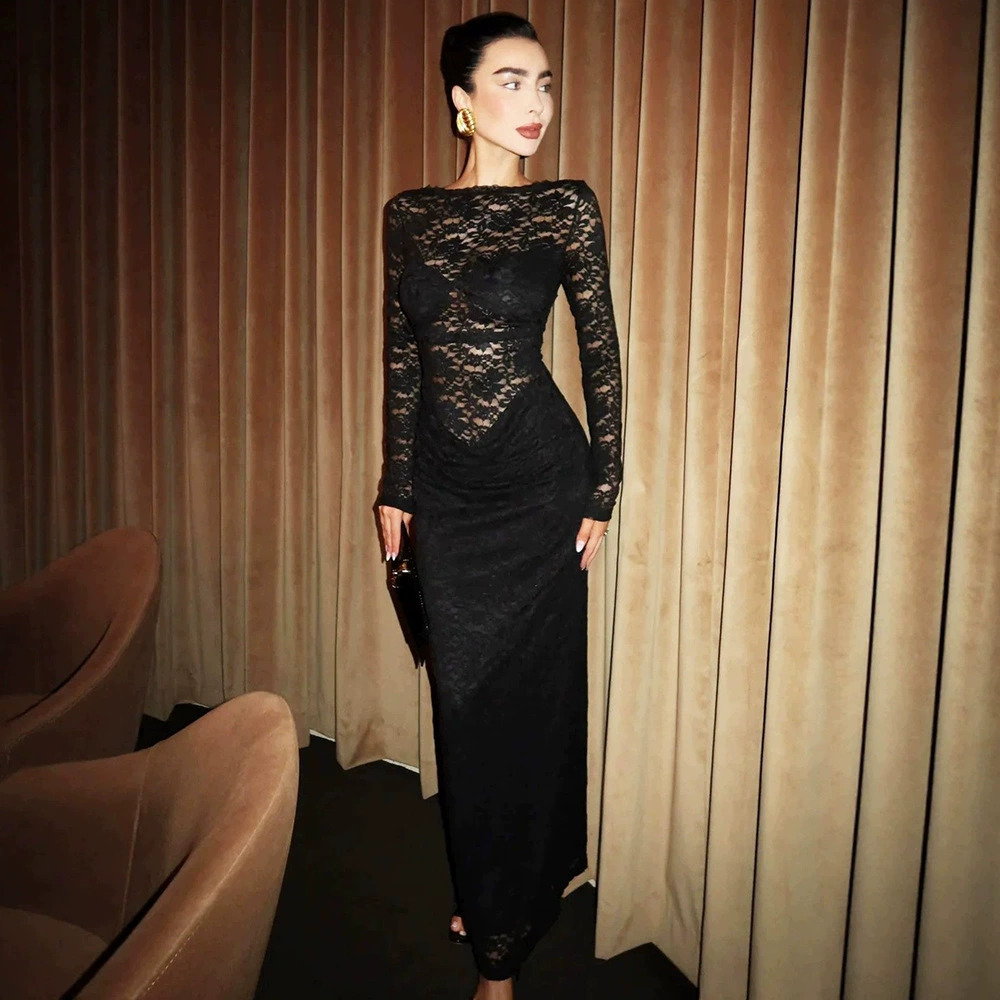 ZARA New Autumn Lace Sheer Evening Dress Solid Color Sexy Backless Long Dress